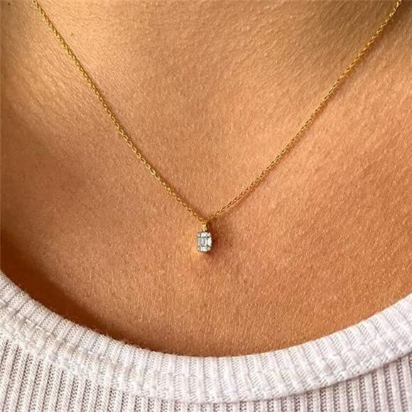 14k Gold Plated Tiny Square CZ Necklace Dainty Necklace Minimalist Gift - Picture 3 of 5